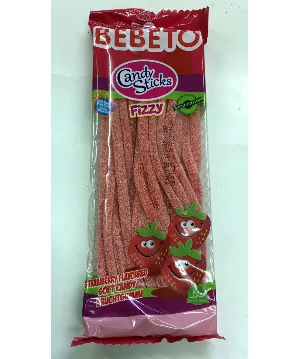 Photo Bonbons Candy Stiks – Fizzy Fraise – Végétarien – Fabriqué avec du Vrai Jus de Fruit – Bebeto – Halal – Sachet 180gr - Bebeto