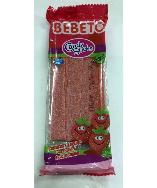 Photo Bonbons Candy Stiks Fraise – Végétarien – Fabriqué avec du Vrai Jus de Fruit – Bebeto – Halal – Sachet 180gr - Bebeto